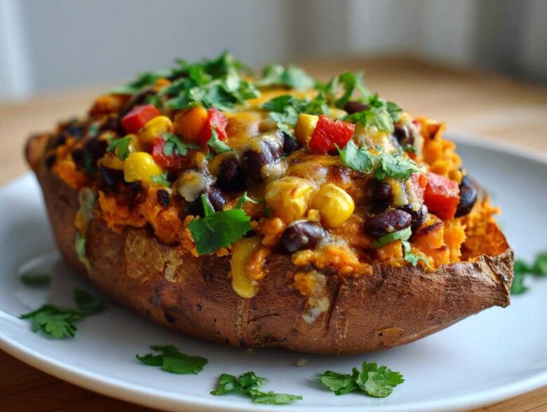 A close-up of a Loaded Veggie Stuffed Sweet Potato topped with black beans, corn, red peppers, melted cheese, and cilantro.
