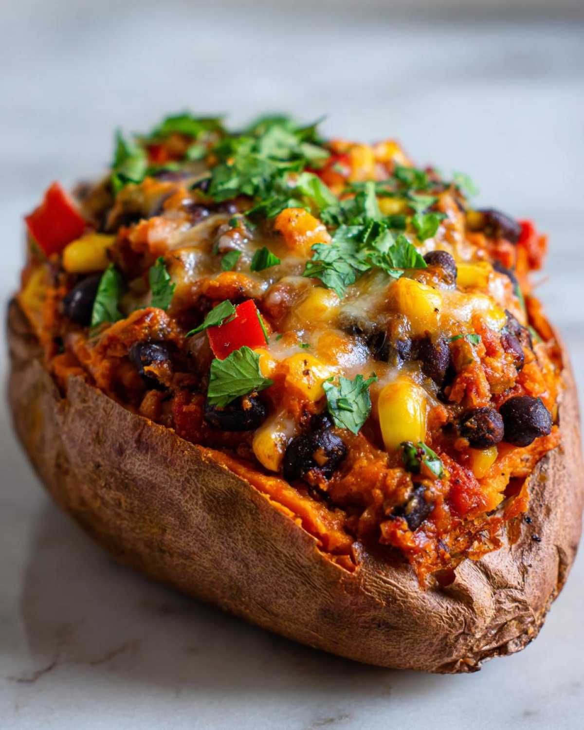 Close-up of a Loaded Veggie Stuffed Sweet Potato topped with melted cheese, black beans, corn, red pepper, and cilantro.