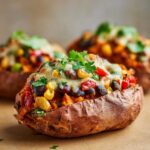 A close-up of a baked sweet potato half overflowing with black beans, corn, peppers, melted cheese, and cilantro, showing the Loaded Veggie Stuffed Sweet Potatoes.