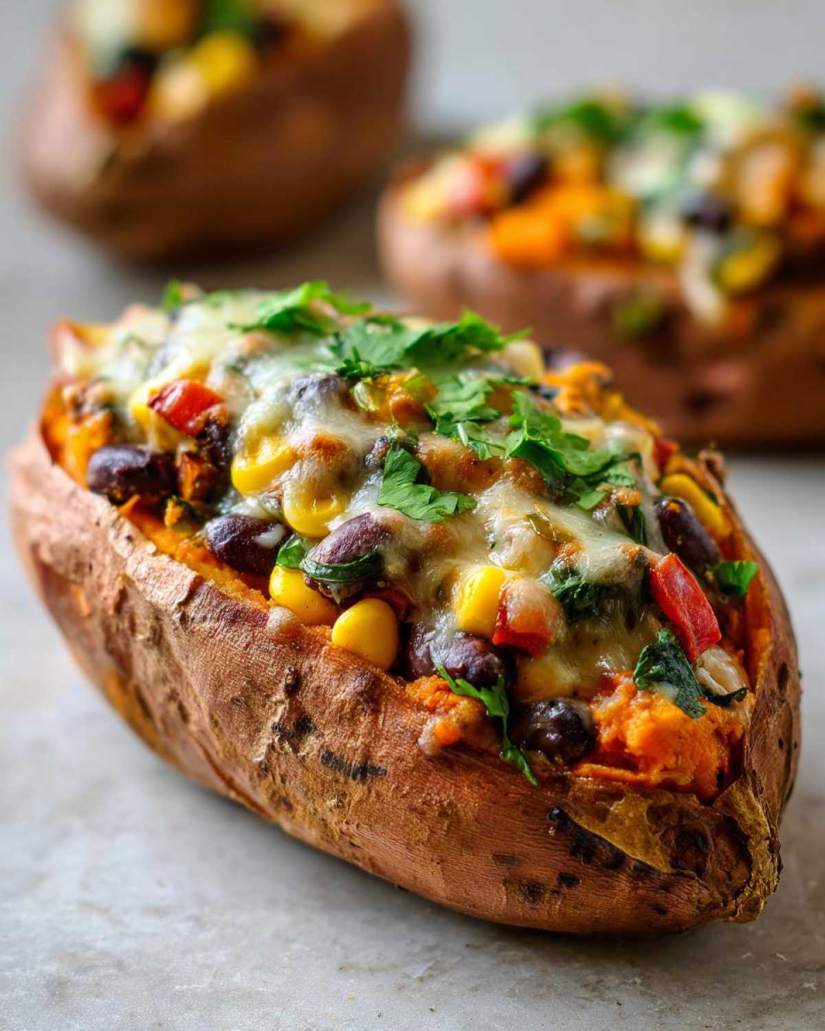 A close-up of a baked sweet potato split open and generously filled for Loaded Veggie Stuffed Sweet Potatoes, topped with melted cheese and cilantro.