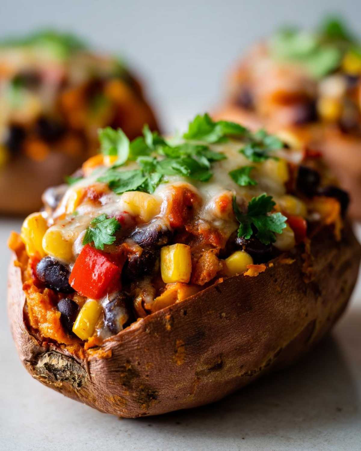 Close-up of a Loaded Veggie Stuffed Sweet Potato topped with melted cheese and fresh cilantro.