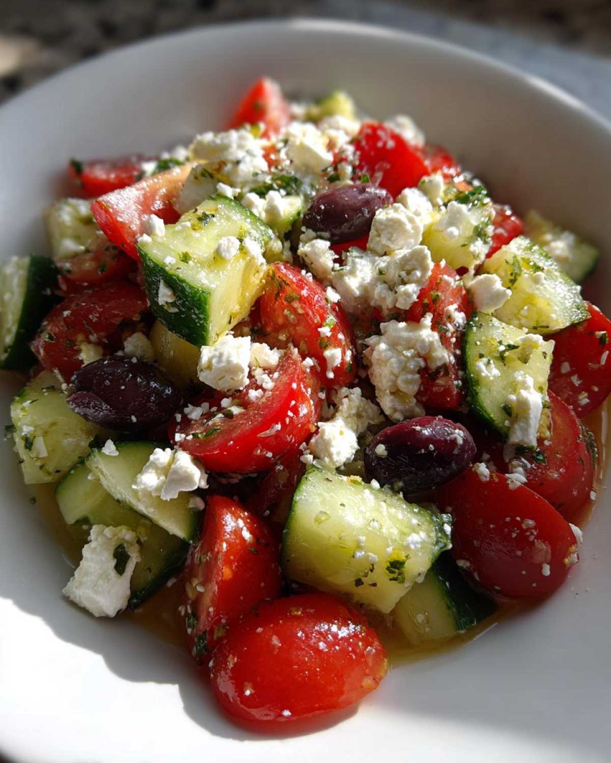 Close-up of vibrant Mediterranean Cucumber Tomato Salad with feta, olives, and dressing.