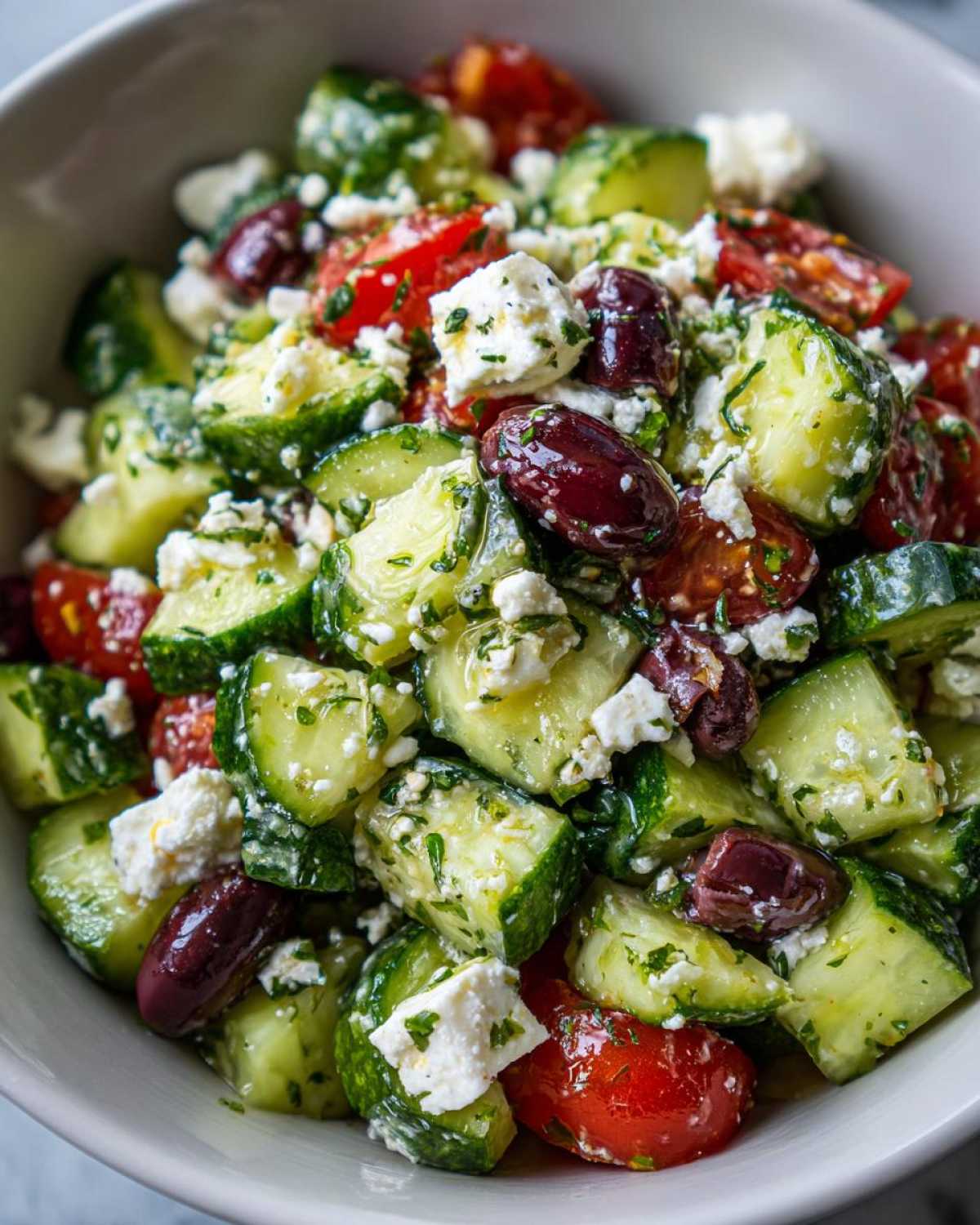 Close-up of chunky Mediterranean Cucumber Tomato Salad featuring cucumbers, cherry tomatoes, Kalamata olives, and feta cheese.