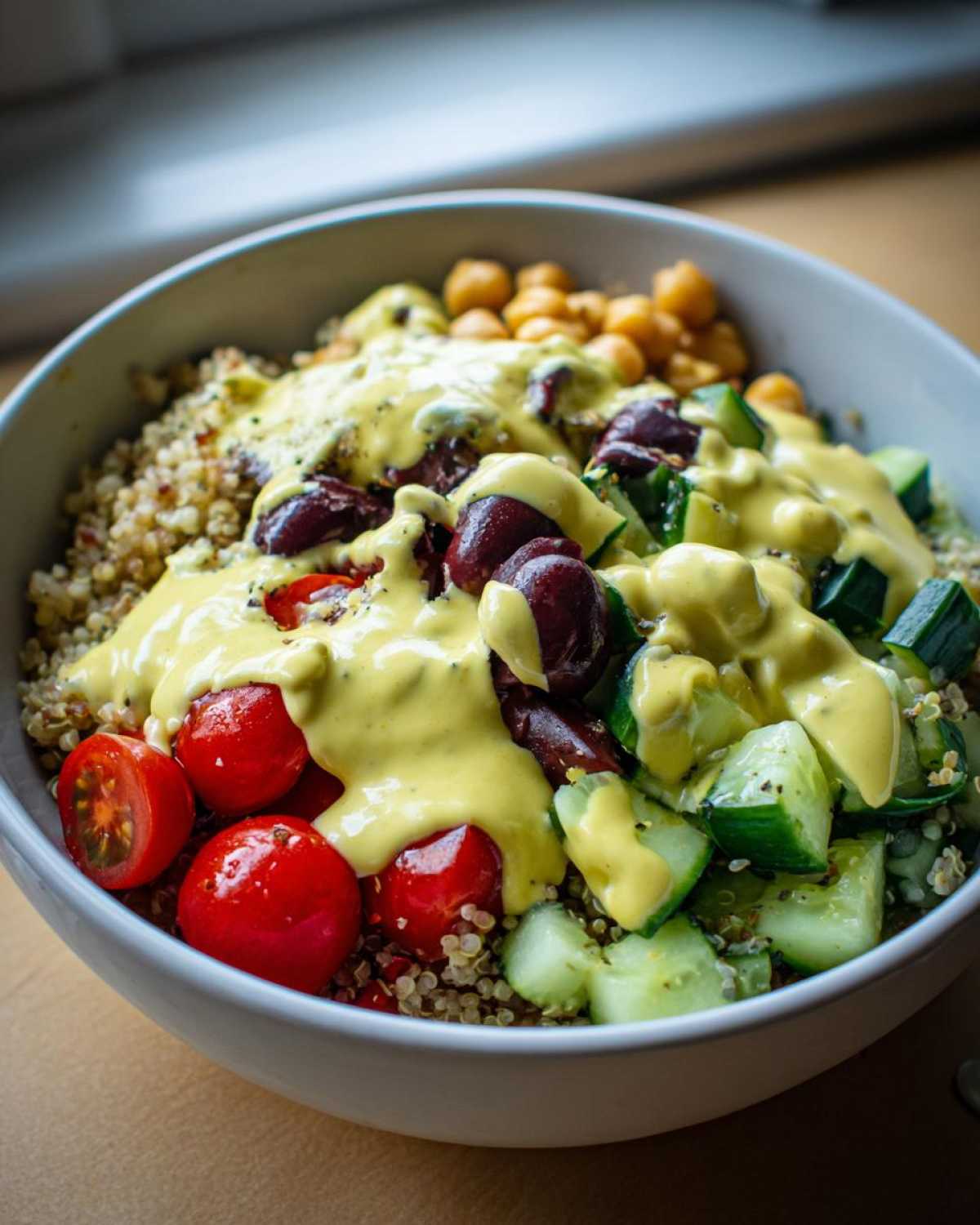 A close-up of a Mediterranean Quinoa Bowl topped with bright yellow Lemon Tahini Sauce, cucumbers, tomatoes, and olives.