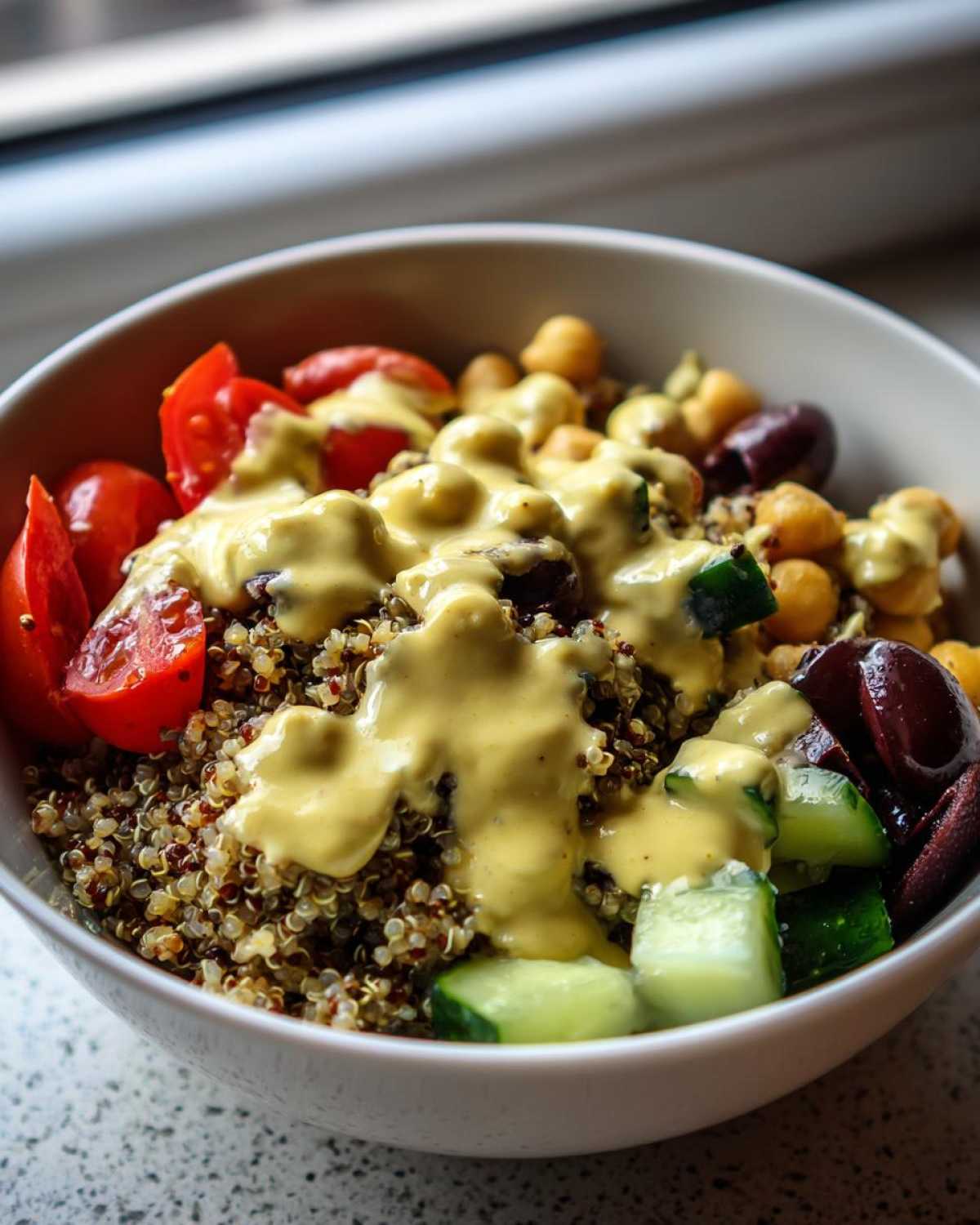 Close-up of a Mediterranean Quinoa Bowl topped with chickpeas, cucumbers, tomatoes, olives, and generous Lemon Tahini Sauce.