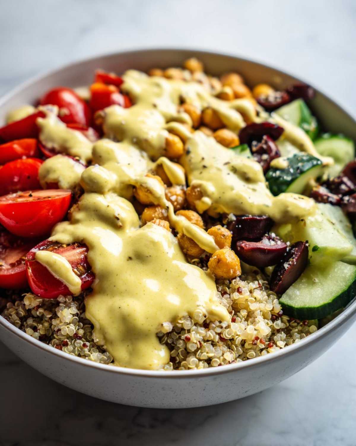 Close-up of a Mediterranean Quinoa Bowl topped with tomatoes, cucumbers, chickpeas, olives, and drizzled generously with lemon tahini sauce.
