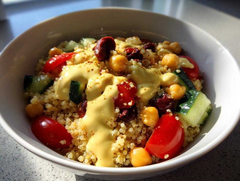 Close-up of a Mediterranean Quinoa Bowl topped with creamy lemon tahini sauce, chickpeas, tomatoes, and cucumber.