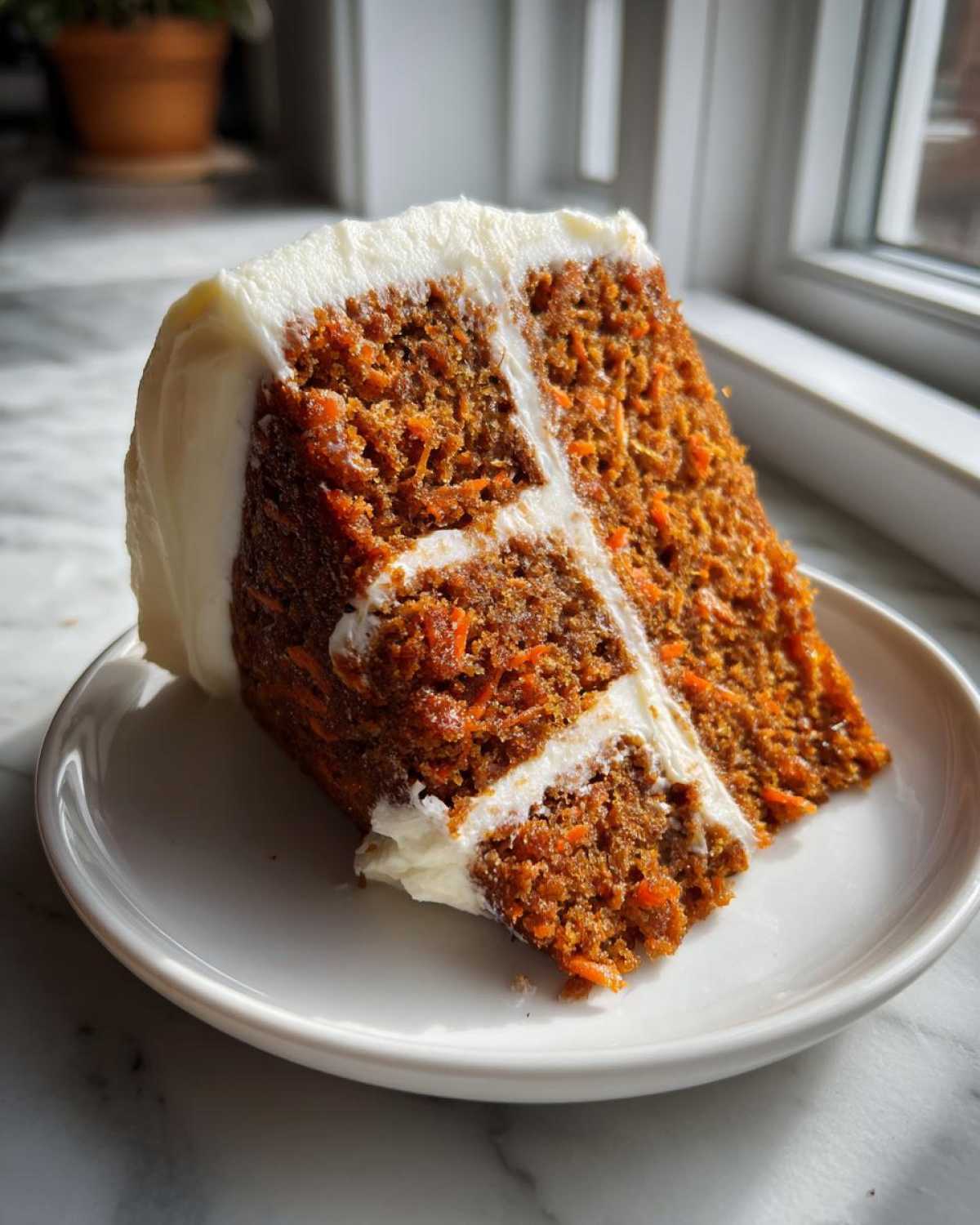 A thick slice of Moist Carrot Cake with Cream Cheese Frosting, showing rich texture and layers.
