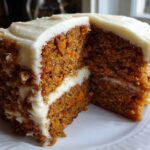 A cross-section of a tall, moist carrot cake with thick layers of cream cheese frosting.