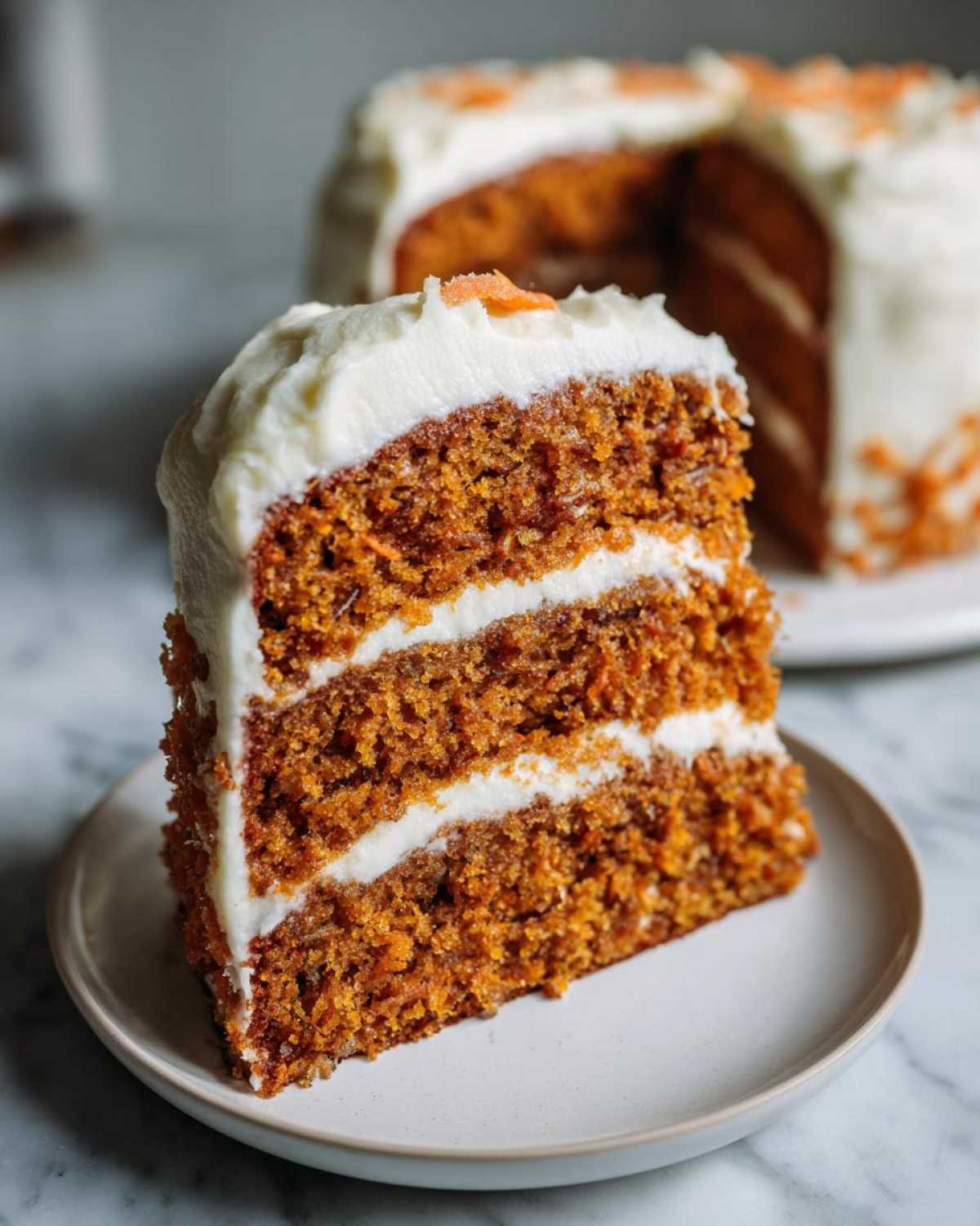 A thick slice of Moist Carrot Cake with Cream Cheese Frosting showing three layers of cake and frosting.