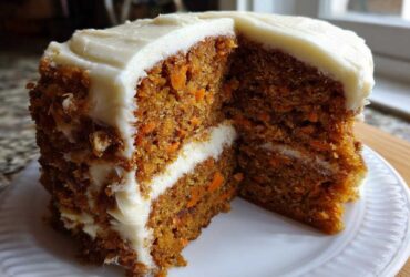 A cross-section of a tall, moist carrot cake with thick layers of cream cheese frosting.