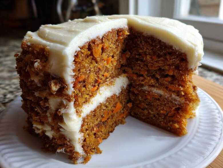 A cross-section of a tall, moist carrot cake with thick layers of cream cheese frosting.