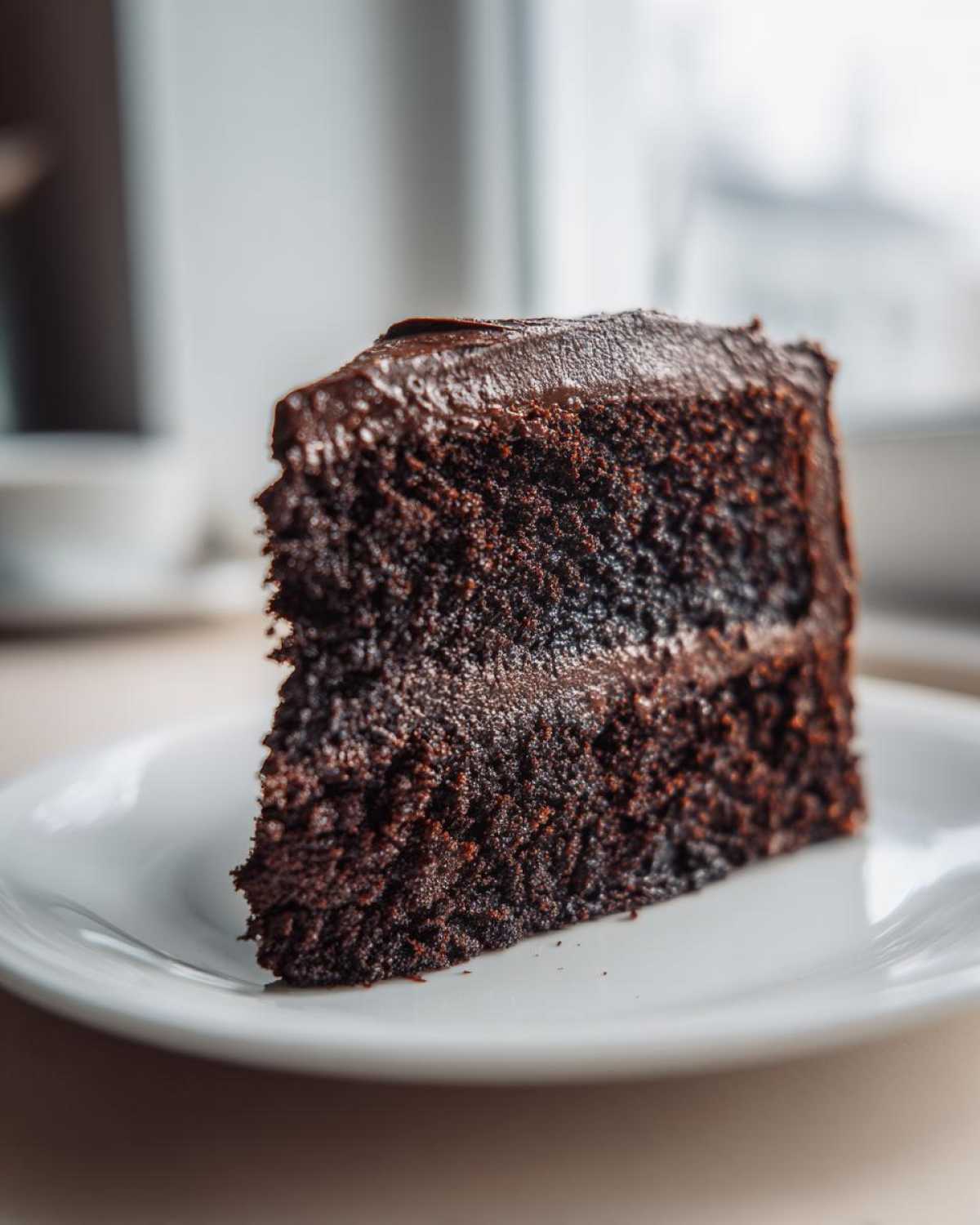 Close-up of a thick, dark slice of moist Gluten-Free Chocolate Cake with rich chocolate frosting on a white plate.