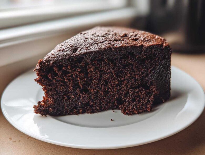 Close-up of a rich, dark slice of Gluten-Free Chocolate Cake on a white plate.