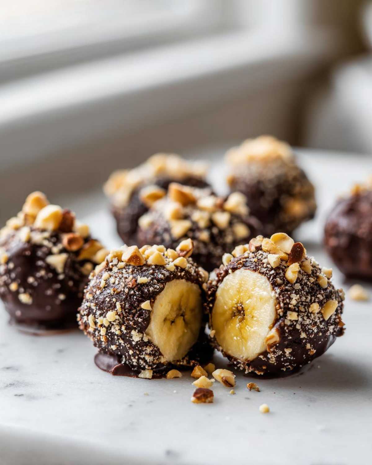 Close-up of No-Bake Chocolate Covered Banana Bites, one cut in half showing banana inside, topped with chopped nuts.