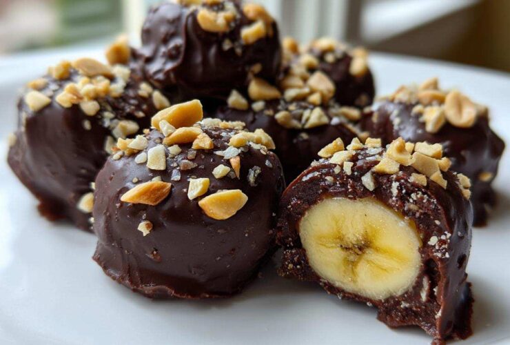 Close-up of No-Bake Chocolate Covered Banana Bites, showing a cross-section of banana inside chocolate coating and topped with chopped peanuts.