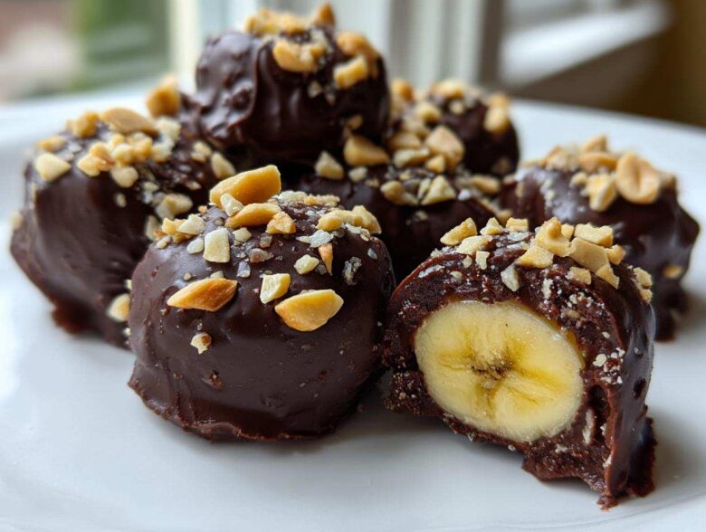 Close-up of No-Bake Chocolate Covered Banana Bites, showing a cross-section of banana inside chocolate coating and topped with chopped peanuts.