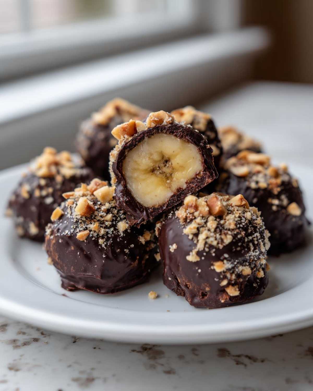A pile of No-Bake Chocolate Covered Banana Bites, one cut open revealing banana inside, topped with chopped nuts.