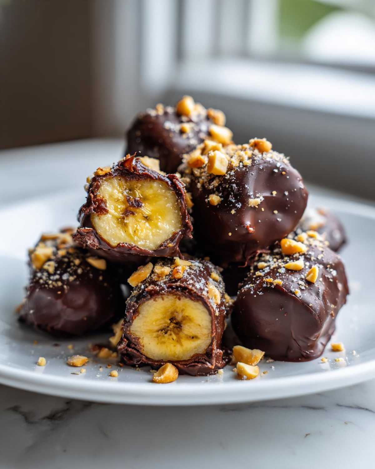 A stack of No-Bake Chocolate Covered Banana Bites, showing a cross-section of banana dipped in dark chocolate and topped with crushed peanuts.