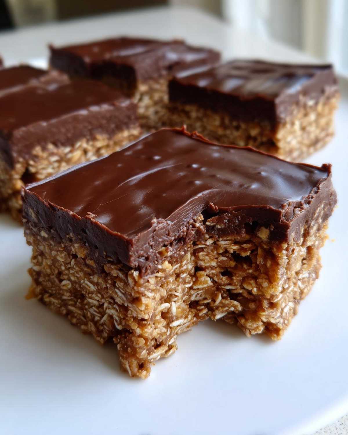 A square of No-Bake Chocolate Peanut Butter Oat Bars with a bite taken out, showing the dense oat base and shiny chocolate topping.