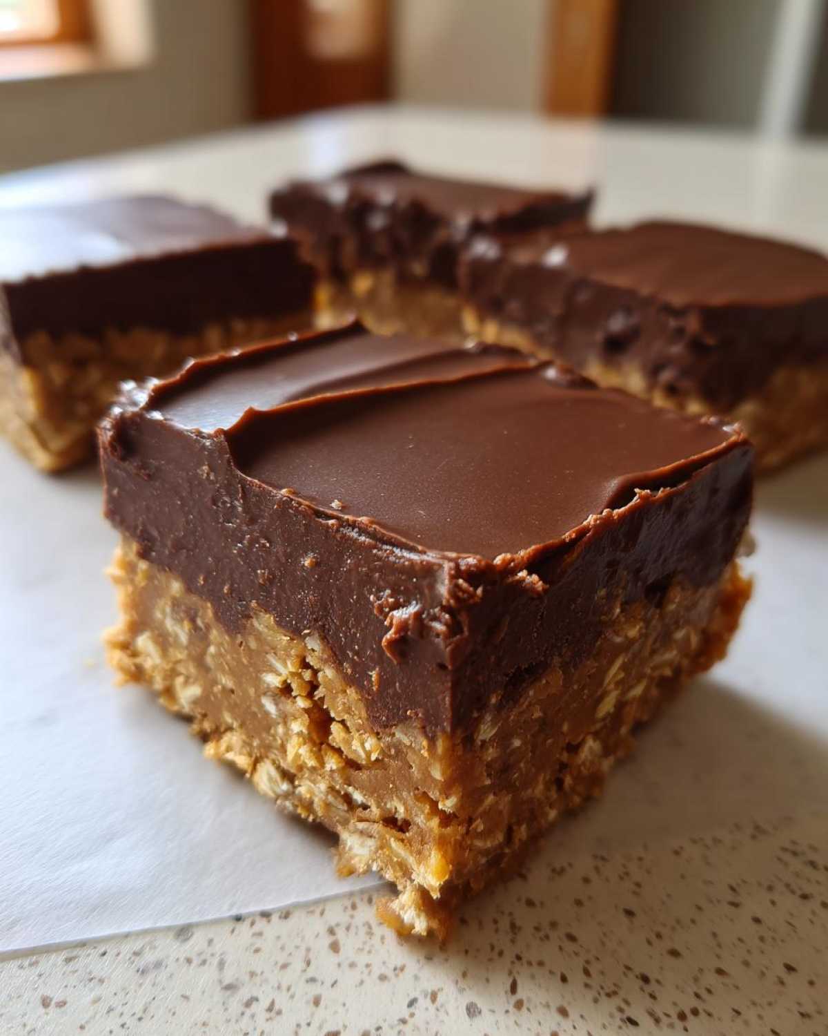 A close-up of a square No-Bake Chocolate Peanut Butter Oat Bars showing the thick peanut butter oat base and smooth chocolate topping.