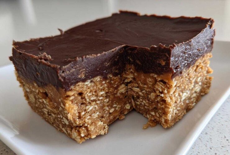 A square serving of No-Bake Chocolate Peanut Butter Oat Bars showing the thick oat base and chocolate topping.