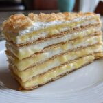 A tall slice of No-Bake Lemon Icebox Cake showing layers of graham crackers, lemon filling, and whipped cream.