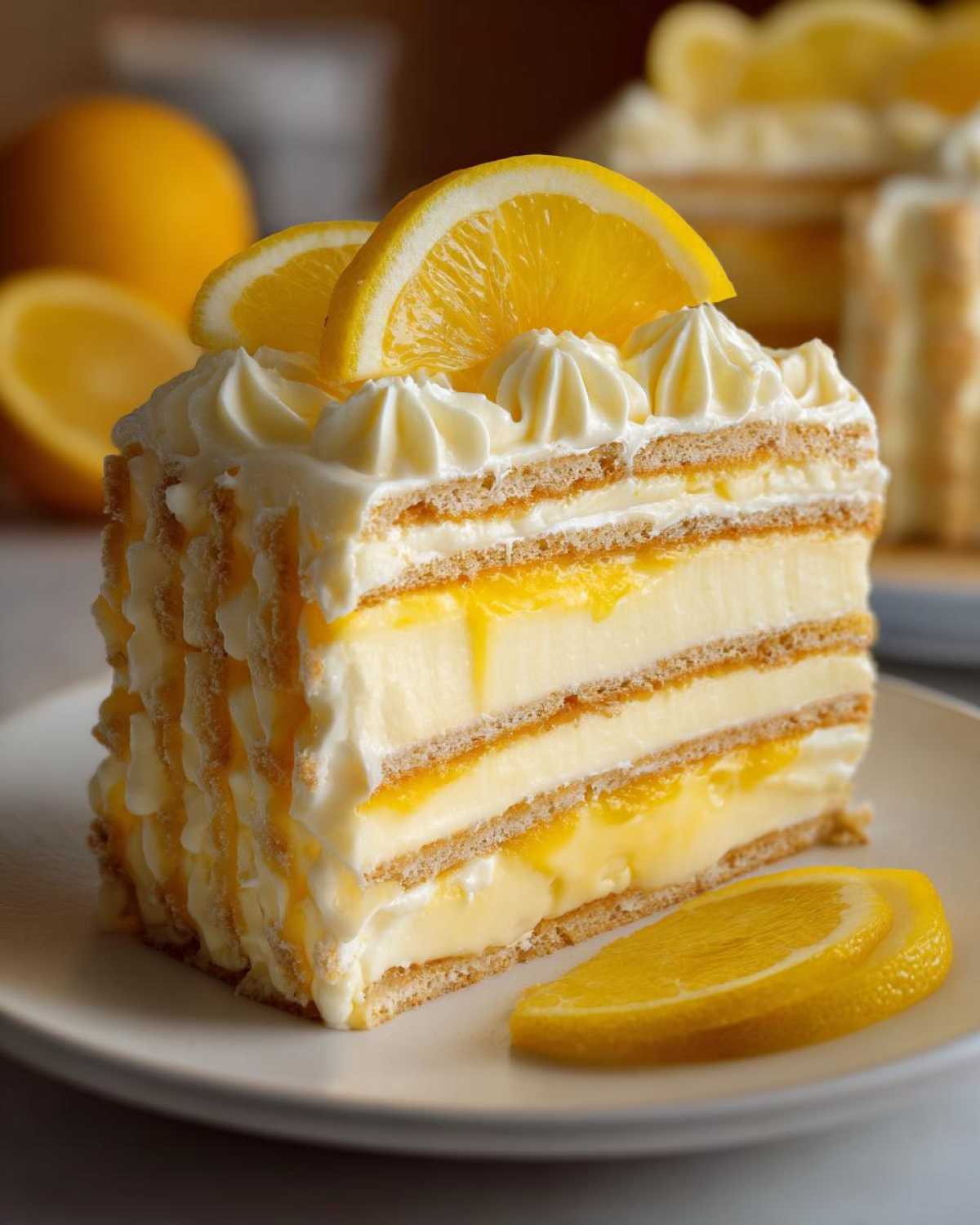 A tall slice of No-Bake Lemon Icebox Cake showing layers of graham crackers, cream, and lemon curd, topped with whipped cream and orange slices.