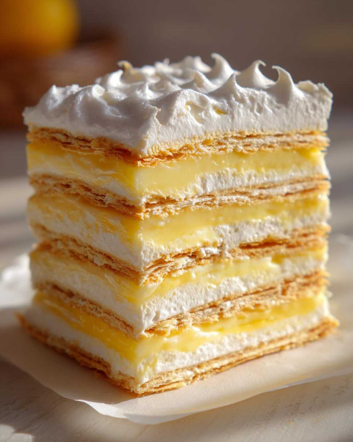 Close-up of a layered slice of No-Bake Lemon Icebox Cake showing graham crackers, lemon filling, and whipped topping.