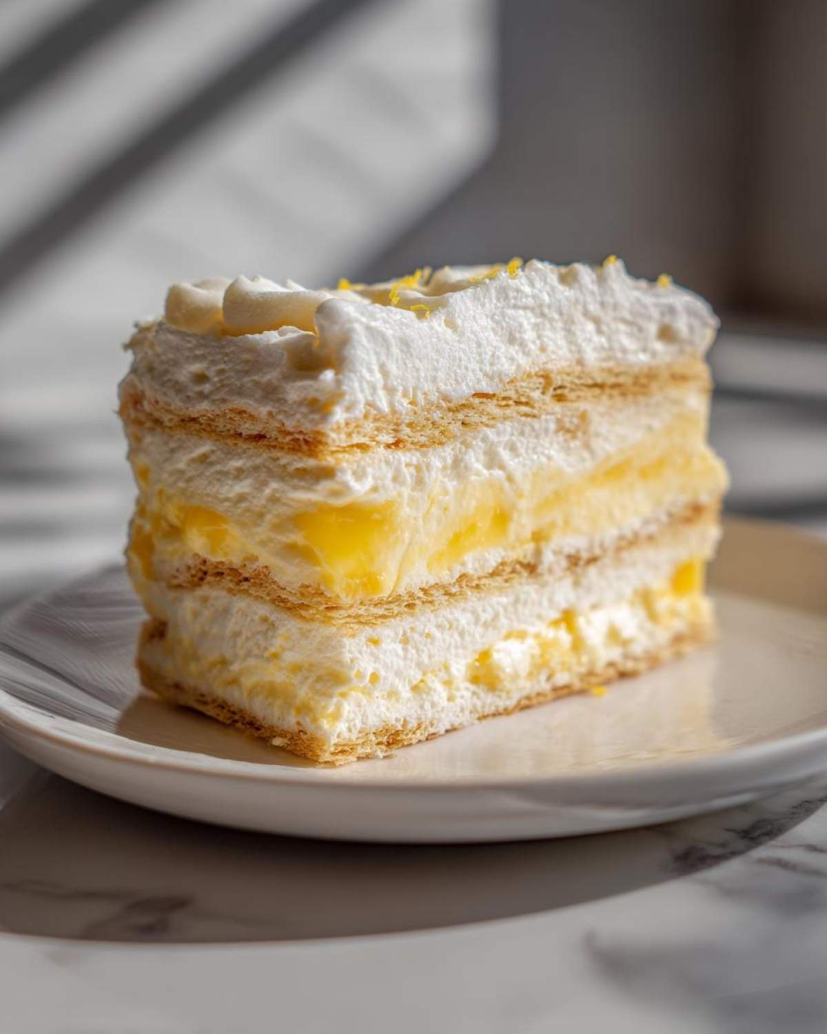 A tall slice of No-Bake Lemon Icebox Cake showing layers of graham crackers, lemon filling, and whipped cream topping.