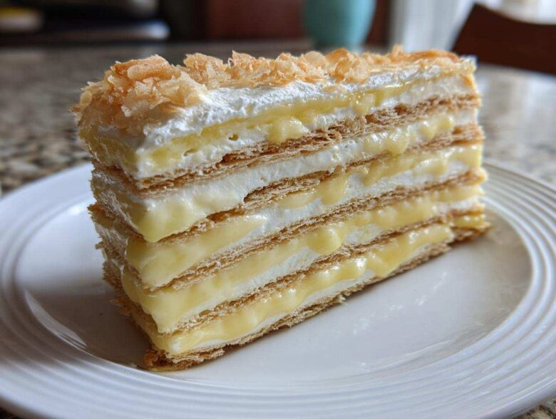 A tall slice of No-Bake Lemon Icebox Cake showing layers of graham crackers, lemon filling, and whipped cream.