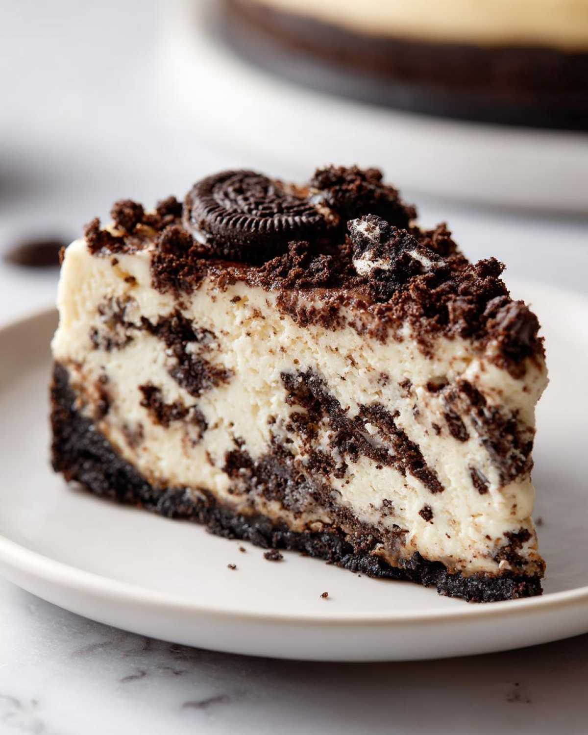 A perfect slice of No-Bake Oreo Cheesecake featuring a creamy filling loaded with chocolate cookie pieces and topped with crumbs.