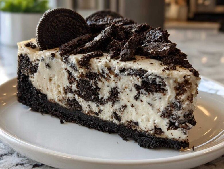 A close-up of a rich slice of No-Bake Oreo Cheesecake featuring a thick Oreo crust and creamy filling studded with cookie pieces.