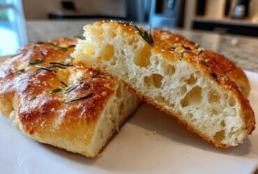 Close-up of No-Knead Skillet Focaccia with Rosemary, showing the airy, open crumb and golden crust.