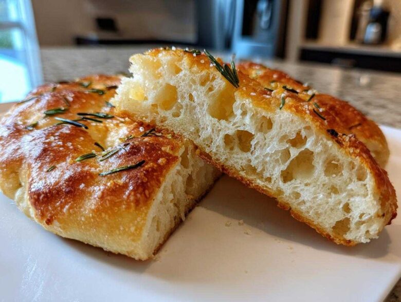 Close-up of No-Knead Skillet Focaccia with Rosemary, showing the airy, open crumb and golden crust.