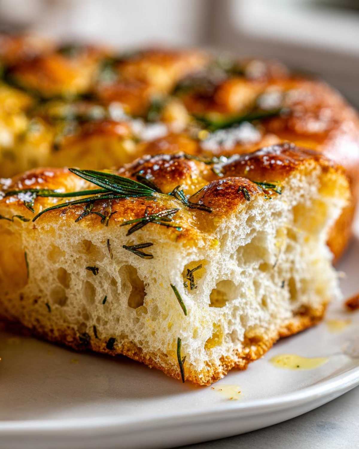 Close-up of a fluffy slice of No-Knead Skillet Focaccia with Rosemary, showing open crumb and sea salt.