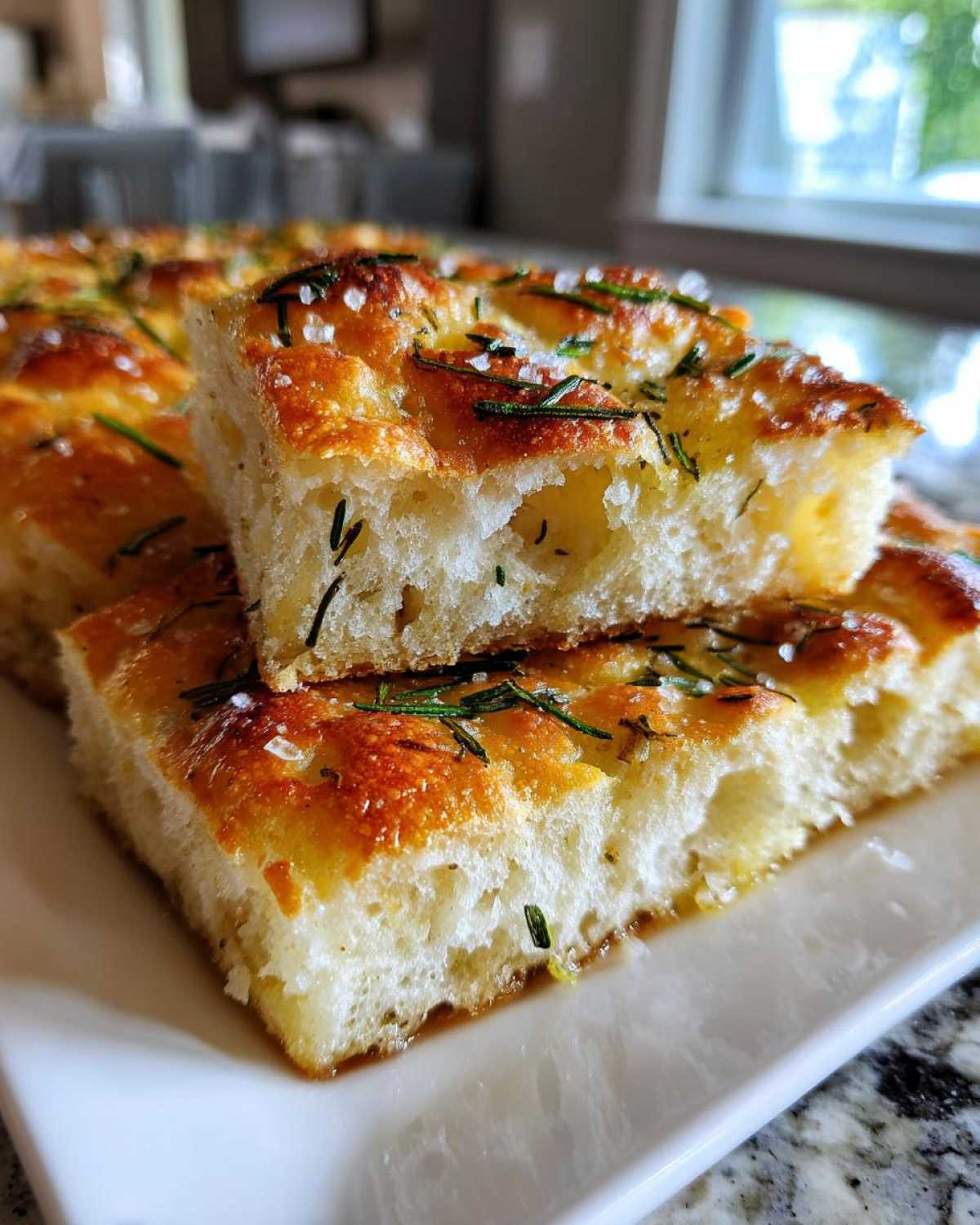 Close-up of fluffy, airy interior of No-Knead Skillet Focaccia topped with rosemary and coarse salt.