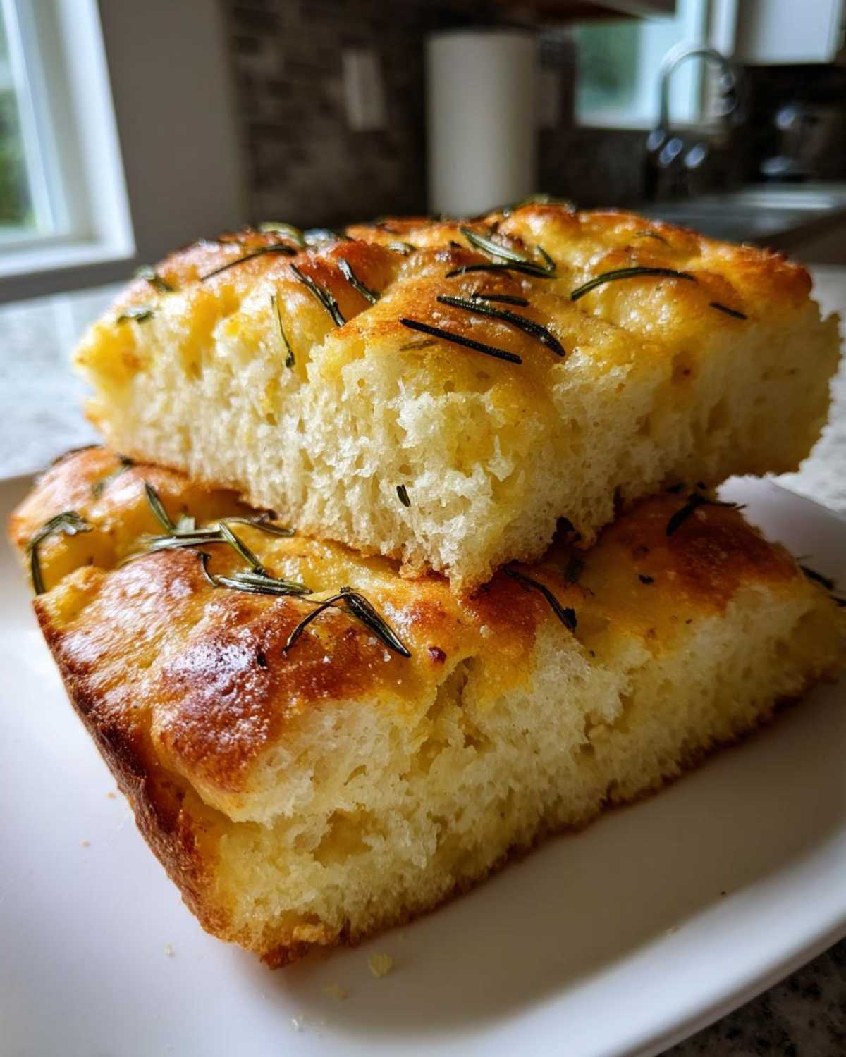 Two thick slices of fluffy No-Knead Skillet Focaccia with Rosemary stacked on a white plate.