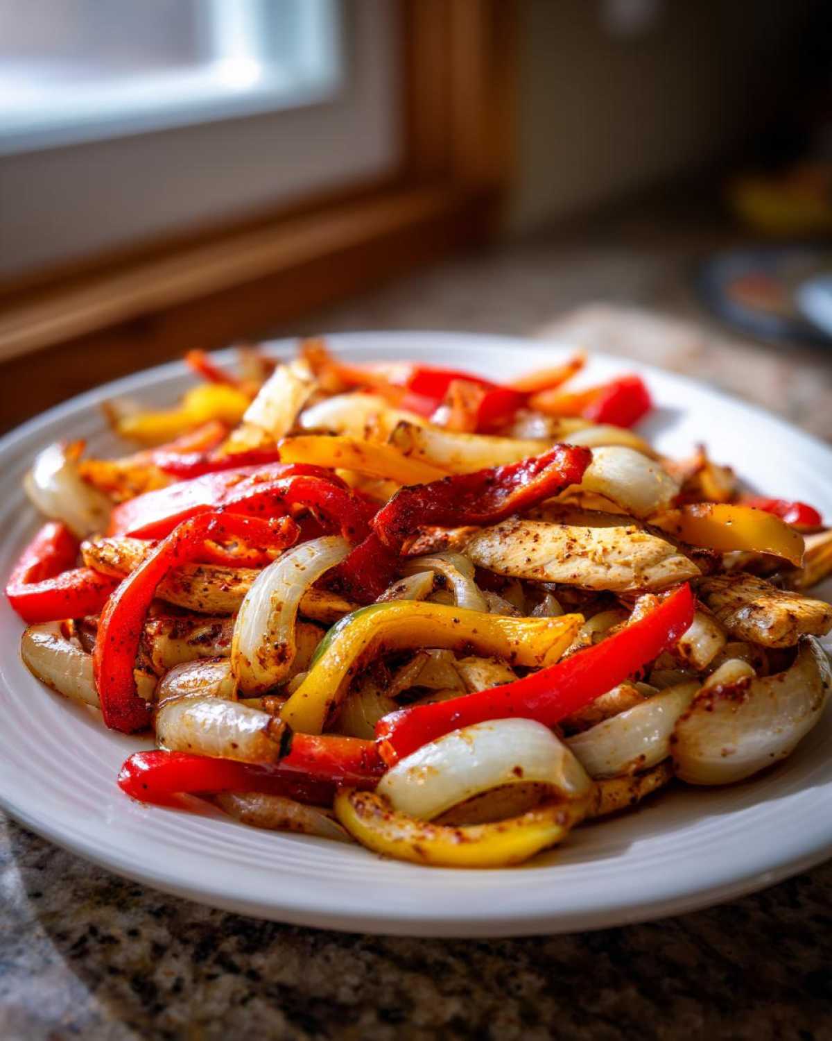 Close-up of One-Pan Chicken Fajitas with colorful strips of sautéed red, yellow peppers, and onions.