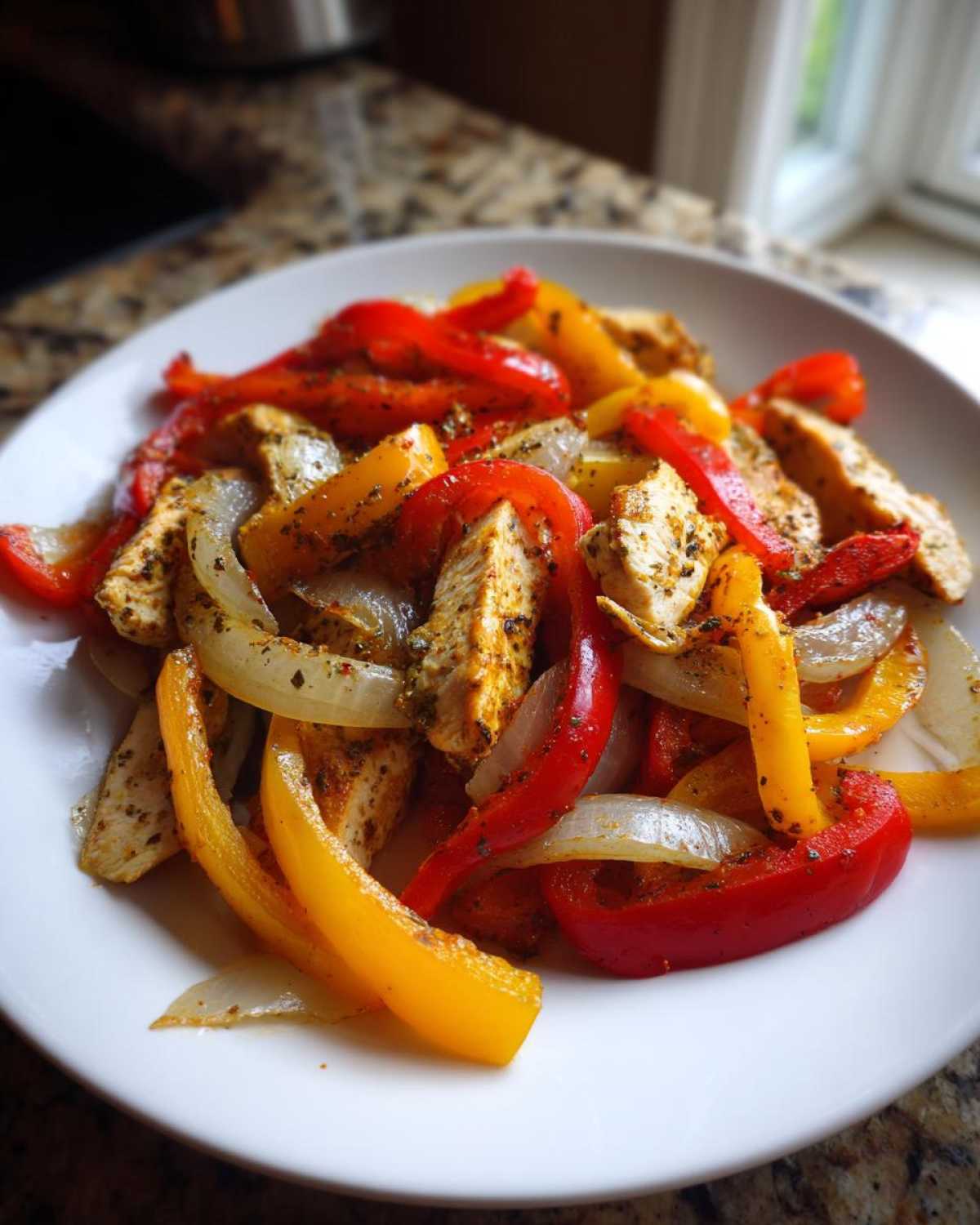 A white plate filled with seasoned, sliced chicken, red, yellow peppers, and onions for One-Pan Chicken Fajitas.