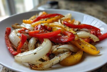 Close-up of colorful sautéed peppers and onions seasoned with herbs, ready for One-Pan Chicken Fajitas.