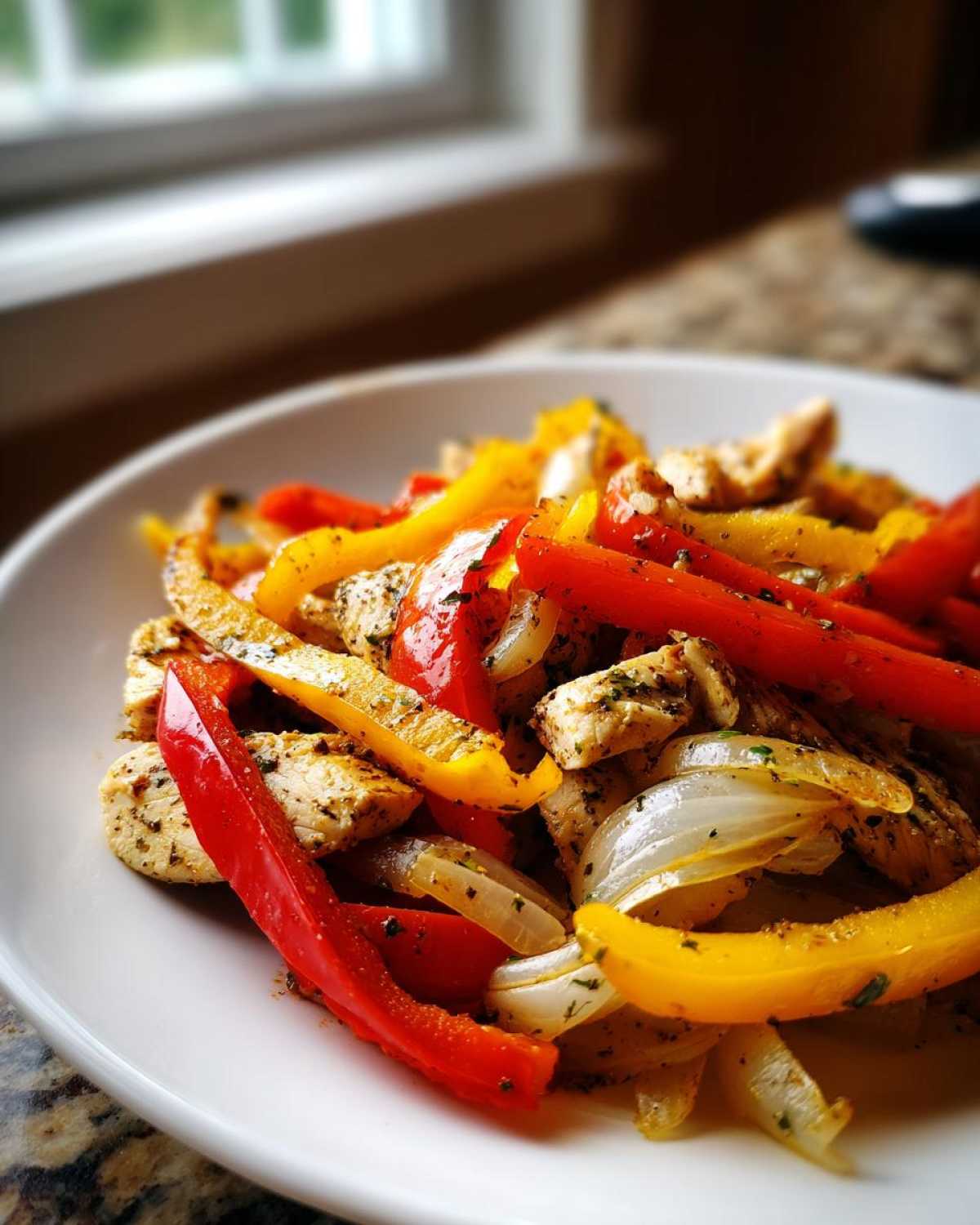 Close-up of seasoned chicken pieces mixed with vibrant red and yellow bell peppers and onions from One-Pan Chicken Fajitas.