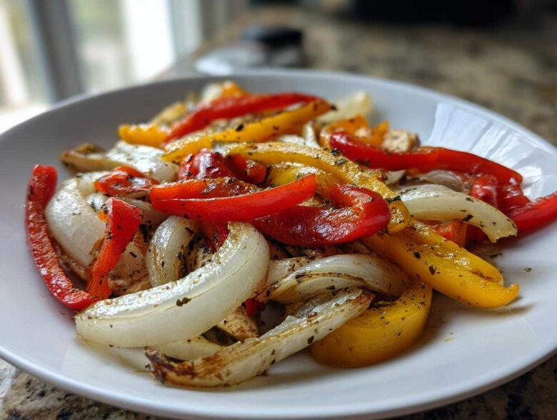 Close-up of colorful sautéed peppers and onions seasoned with herbs, ready for One-Pan Chicken Fajitas.