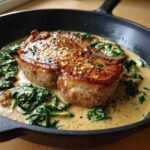 A perfectly seared pork chop served in a cast iron skillet with creamy garlic sauce and wilted spinach.
