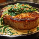 Close-up of a thick, seared pork chop covered in creamy garlic sauce and wilted spinach in a cast iron skillet.
