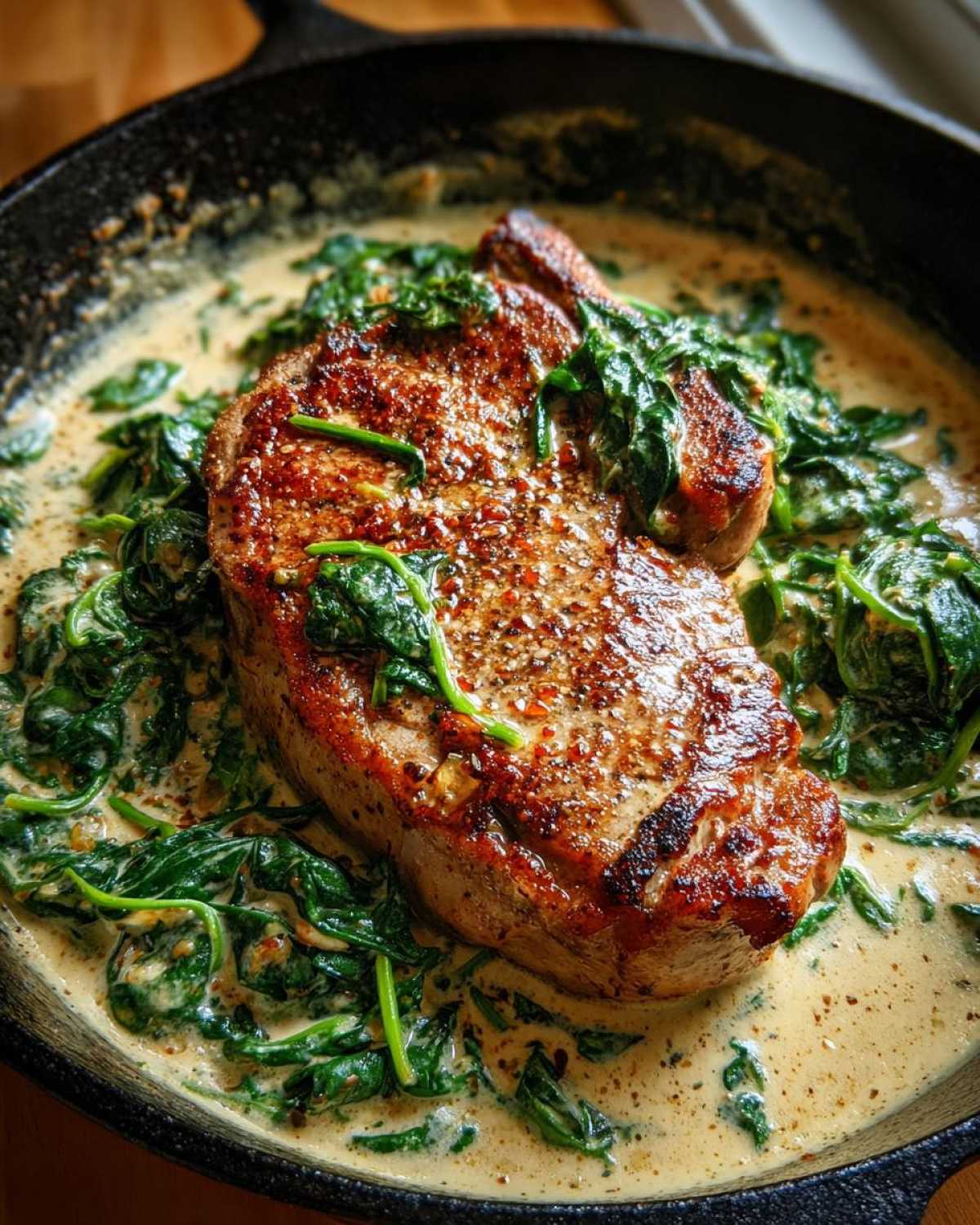 Close-up of a seared pork chop served in a cast-iron skillet with creamy garlic sauce and wilted spinach, highlighting the One-Pan Creamy Garlic Pork Chops.