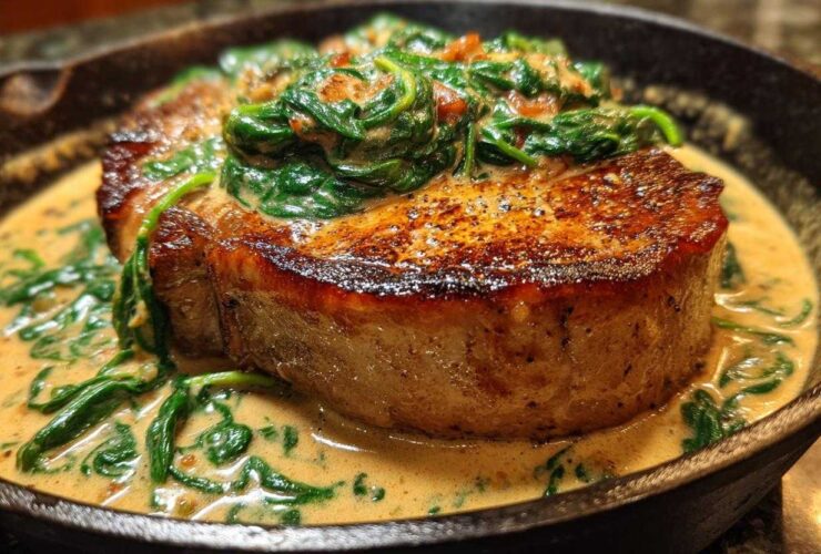 Close-up of a thick, seared pork chop covered in creamy garlic sauce and wilted spinach in a cast iron skillet.