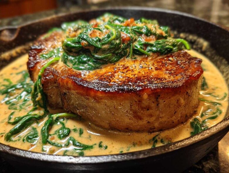 Close-up of a thick, seared pork chop covered in creamy garlic sauce and wilted spinach in a cast iron skillet.
