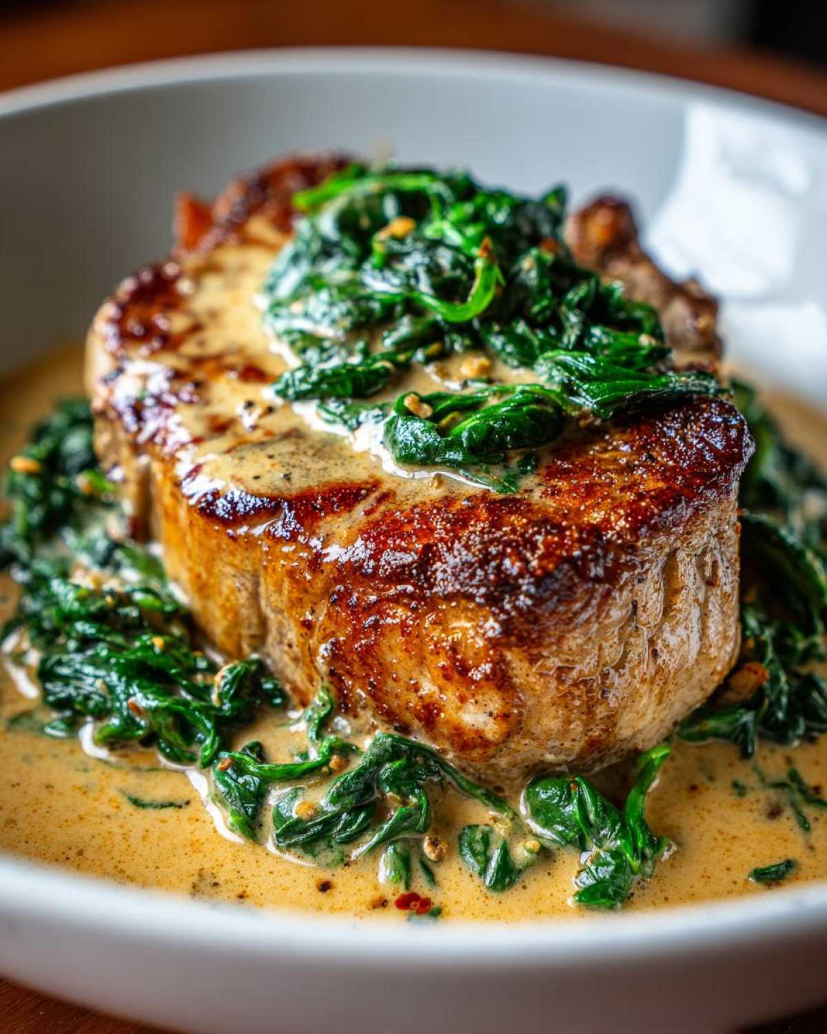 Close-up of a perfectly seared One-Pan Creamy Garlic Pork Chop topped with sautéed spinach and rich garlic sauce.