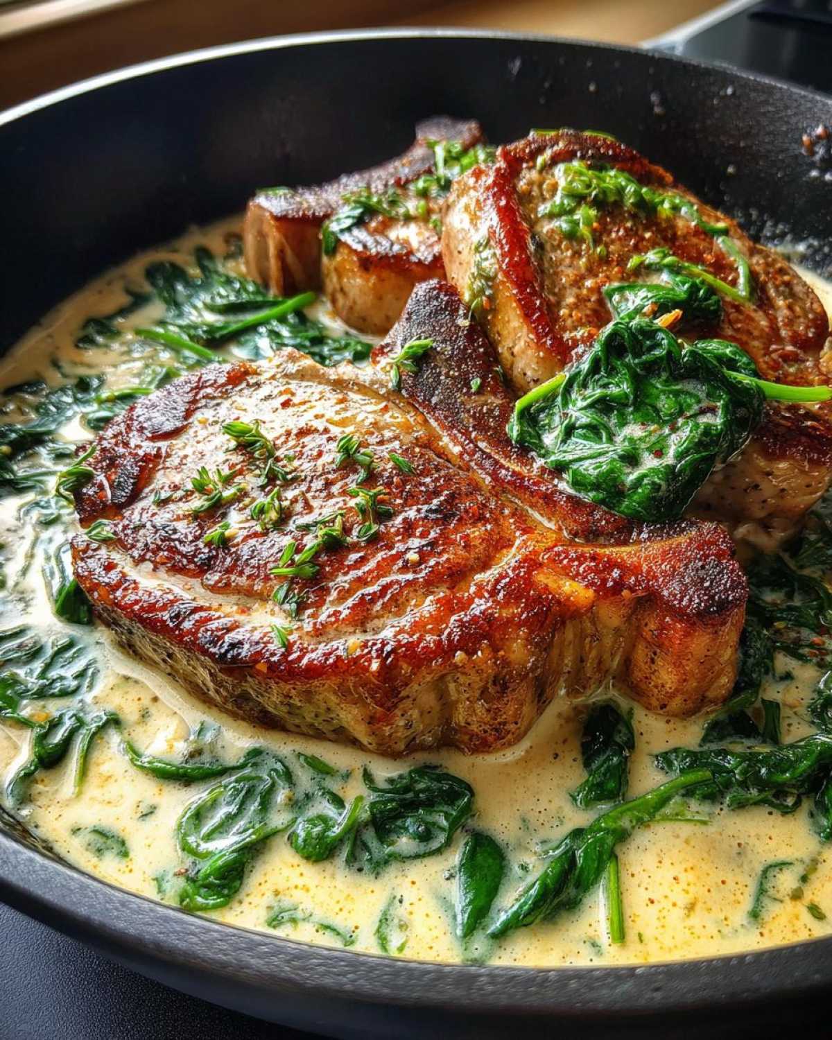 Close-up of seared One-Pan Creamy Garlic Pork Chops resting in a rich garlic cream sauce with wilted spinach.